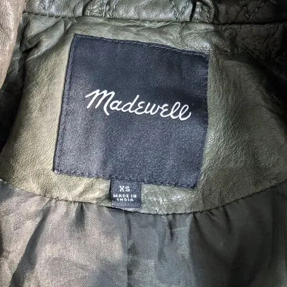 Madewell Washed Leather Motorcycle Jacket Dark Green Size XS Preowned - Picture 6 of 10